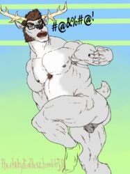 anthro beard cervine deer eyewear facial_hair glasses looking_at_viewer male male_only mammal musclegut nude open_mouth solo stickyfeathers testicles