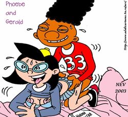 1boy 1girls 2003 black_hair book clothed_sex dark-skinned_male dark_skin female gerald_johanssen glasses hey_arnold! interracial kama_sutra male male_focus nev nickelodeon nipples no_panties phoebe_heyerdahl skirt