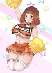 1girls :d arm_up bangs big_breasts blush bottomless breasts brown_eyes brown_hair cheering cheerleader cheerleader_outfit cheerleader_uniform clothed female female_only hair jutsu_(artist) miniskirt my_hero_academia navel ochako_uraraka orange_shirt panties pom_poms shiny_skin short_hair shoulder_length_hair skirt solo solo_female star suggestive thick_thighs thighhighs thighs u.a._cheerleader_outfit underboob underwear white_background