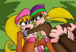 1boy 2girls ape areola blonde_hair blue_eyes breasts chimpanzee cleavage dixie_kong donkey_kong_(series) female furry hair hoop_earrings incest kong male multiple_girls nintendo nipples primate siblings sisters tanuki_(artist) tiny_kong