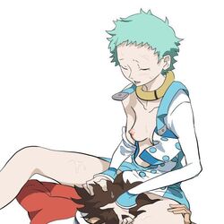 1boy 1girls blush bondage breasts clothed_sex cunnilingus eureka eureka_7 eureka_seven eureka_seven_(series) female femdom green_hair jpeg_artifacts male open_clothes open_shirt oral renton_thurston shirt short_hair straight sweat