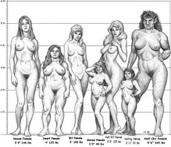 7girls breasts difference dungeons_and_dragons dwarf dwarf_female elf elf_female female female_only gnome gnome_female half-elf half-orc halfling height_chart human human_female light-skinned_female light_skin lineup mjarrett1000 monochrome multiple_females nude nude_female orc orc_female pubic_hair size_chart size_comparison size_difference very_hairy_pussy