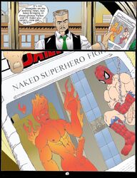 daily_bugle english_text fake_newspaper fantastic_four human_torch j_jonah_jameson johnny_storm male male_only marvel multiple_males smooth_skin speech_bubble spider-man spider-man_(series) tagme uncensored yaoi