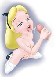 1boy 1girls alice_(disney) alice_in_wonderland alice_in_wonderland_(1951_film) alice_liddell black_footwear black_shoes blonde_hair blowjob blue_eyes breasts cum cum_in_mouth cum_line cum_on_tongue disney erect_penis erection fellatio fingering_self full_body hetero jab kneeling light-skinned_female long_hair mary_janes masturbating_during_fellatio masturbation naked_female naked_thighhighs nipples nude_female oral partial_male penis perky_breasts petite pussy_juice pussy_juice_drip self_fingering skinny small_breasts small_nipples straight_hair thighhighs thighhighs_only veiny_penis white_thighhighs