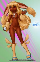 2023 :3 alloyrabbit animal_ears animal_nose ass_visible_through_thighs bangs bead_necklace beads black_sclera blonde_hair blue_footwear blush body_fur brown_fur chinese_zodiac closed_mouth colored_sclera commentary english_commentary female flat_chest full_body furry furry_female giant giantess green_background hair_between_eyes hand_up happy happy_new_year highres holding holding_pocket_watch jewelry leg_up legs light_blush long_hair looking_at_viewer lopunny navel necklace new_year nipples nude personification pocket_watch pokemon pokemon_(species) pussy rabbit_ears rabbit_girl red_eyes roman_numeral sandals shiny shiny_hair shiny_skin sidelocks smile solo standing standing_on_one_leg stomach thighs two-tone_fur uncensored very_long_hair watch waving year_of_the_rabbit yellow_fur