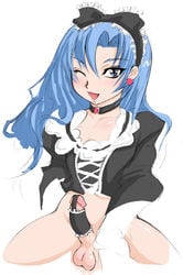 ambiguous_gender balls blue_hair blush bottomless cowboy_shot cropped_legs erection facing_viewer kouno_tooru looking_at_viewer open_mouth penis princess_princess simple_background smile solo testicles toru white_background wink