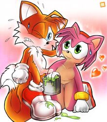 amy_rose anthro blue_eyes blush canine female fox fur furry furry_only green_eyes hedgehog interspecies male mammal nude open_eyes orange_box paint penis sega sonic_(series) standing straight_hair sweat tails uncensored wink