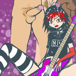 1girls 2boys cum_on_face cum_on_hair d! elbow_gloves fingerless_gloves guitar guitar_hero judy_nails looking_at_viewer nine_inch_nails stockings tagme two_tone_hair unseen_male_face