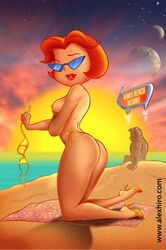 alex_hiro ass beach bikini blanket bob_cut breasts character_request female hanna-barbera high_heels jane_jetson lipstick milf nipples orange_hair planet pose public sand sci-fi sea short_hair sunglasses sunset swimsuit the_jetsons topless undressing western_copyright wife yellow_swimsuit