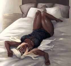 1girls barefoot breasts dark-skinned_female dark_skin erilsa_(leadleaf) female female_only final_fantasy final_fantasy_xiv large_breasts lips looking_at_viewer lying nightgown no_panties on_back pissedartwork roegadyn solo thick_thighs white_hair