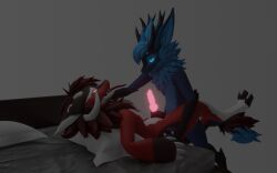 3d_(artwork) anthro axel balls bioluminescence blender_(software) claws darkchocochips digital_media_(artwork) dragon duo erection fur furred_dragon furry genitals glowing horn male male/male male_penetrating nardoragon penetration penis sex simple_background tongue vrchat vrchat_model wickerbeast