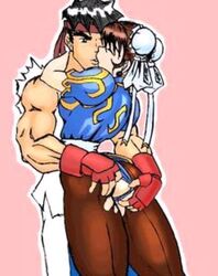 1boy 1girls ass biceps brown_hair capcom chun-li closed_eyes color duo earrings female fingering fingerless_gloves gloves hair_flower hair_ribbon headband hugging human jewelry kissing looking_at_partner male muscles muscular muscular_male panties_aside pantyhose ryu_(street_fighter) short_hair straight straight_hair street_fighter torn_clothes torn_pantyhose wain