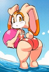 ai_generated cream_the_rabbit from_behind from_below holding_object huge_breasts kimmythefem looking_at_viewer no_sex petite sea shortstack sonic_(series) sonic_the_hedgehog_(series) summer swimsuit thick_thighs