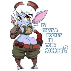 ass ass_cleavage butt_crack color earrings english_text league_of_legends looking_at_viewer looking_back pulling_down_pants shortstack teasing thegeckodemon tristana yordle