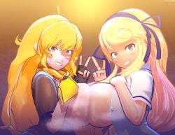 2girls 3d blonde_hair breast_press breasts breasts_out crossover eastern_and_western_character female female_only katsuragi_(senran_kagura) large_breasts light-skinned_female light_skin long_hair looking_at_viewer luminaryofages rwby senran_kagura senran_kagura_(series) side_view symmetrical_docking yang_xiao_long