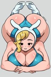 1girls adventure_time all_fours ass bent_over big_ass big_breasts blonde_hair blush breasts bubble_ass bubble_butt clothing female female_only fionna_the_human_girl footwear hair hood huge_ass isarkutfy legwear shirt shoes smile thick_thighs thighhighs thighs topwear white_thighhighs
