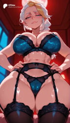 1girl 1girls absurd_res absurdres ai_generated ass bare_shoulders big_ass big_breasts biting_own_lip black_thighhighs blonde_hair blue_bra blue_eyes blue_panties blurred_background blurry blurry_background blush bra braid braided_ponytail breasts cameltoe cartoon cartoony cleavage collarbone curvy depth_of_field female female_focus from_below garter_belt half-closed_eyes hands_on_own_hips hi_res high_quality high_resolution highres indoors jaina_proudmoore lace_trim large_ass large_breasts lingerie lips long_hair looking_at_viewer looking_down moon multicolored_hair navel night odexai panties parted_lips red_moon small_waist smile solo solo_focus stomach straight streaked_hair sweat thick_thighs thighhighs thighs thin_waist underwear underwear_only warcraft white_hair wide_hips window world_of_warcraft wow