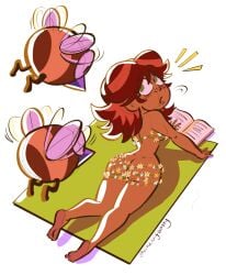 artist_name ass barefoot beach beach_towel blush book bra brown_hair color flowers ilikeluigibooty mario_(series) nintendo nude nude_female panties princess_daisy shocked_expression soles soles_female stingby tagme towel
