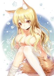 absurdres animal_ears blonde_hair breasts female fox_ears fox_girl fox_tail haneru highres large_breasts looking_at_viewer nipples nude sitting smile solo tail thighhighs thighhighs_pull white_legwear yellow_eyes