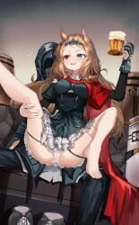 1boy 1girl absurdres alcohol archery_shooting_glove archetto_(arknights) arknights barefoot barrel beer beer_mug black_coat black_gloves black_skirt blue_eyes blush breasts brown_hair cameltoe cape coat commentary_request cup doctor_(arknights) epaulettes flying_sweatdrops frilled_skirt frills glass_mug gloves hetero heterochromia highres holding holding_cup hood hood_up hooded_coat hooded_jacket jacket large_variant_set long_hair male_doctor_(arknights) medium_breasts mizuhashi_parusui mug open_mouth panties partially_fingerless_gloves red_cape red_eyes shoes single_epaulette sitting sitting_on_lap sitting_on_person skirt underwear unworn_shoes variant_set white_panties