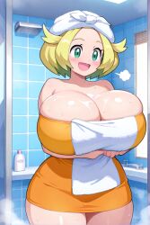 ai_generated anime bathroom bianca_(pokemon) female huge_breasts pokemon thick_thighs towel towel_only