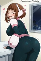 1girl 1girls ai_generated ass ass_focus big_ass big_breasts black_bodysuit blush bodysuit boku_no_hero_academia breasts brown_eyes brown_hair female female_only from_behind heart indoors large_breasts light-skinned_female looking_at_viewer looking_back my_hero_academia ochaco_uraraka ochako_uraraka open_mouth short_hair smile solo teeth tongue tongue_out uraraka_ochaco uraraka_ochako vortalis window