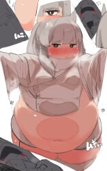 arknights b45ui bare_belly blushing_at_viewer bulging_belly chubby_cheeks doctor_(arknights) fat nimo nimo22 pinned_to_wall platinum_(arknights) thick_arms thick_thighs thin_to_fat undersized_clothes weight_gain