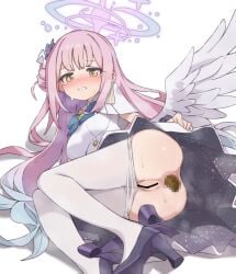 1girl :d ^^^ aku0 anus ass ass_focus bar_censor black_shoes blue_archive blue_bow blue_bowtie blue_hair blue_halo blush blush_visible_through_hair bow bowtie breasts buttons censored clothes_pull collared_dress crying crying_with_eyes_open dark_anus defecating dilated_pupils dress embarrassed feathered_wings flower foot_out_of_frame footwear_bow foreshortening gold_buttons gradient_hair grimace hair_behind_ear hair_bun hair_flower hair_ornament hair_spread_out halo high_heels highres knees_together_feet_apart long_hair lying mika_(blue_archive) mosaic_censoring multicolored_hair no_panties nose_blush on_side pantyhose pantyhose_pull perineum petite pink_hair pink_halo pleated_dress puckered_anus purple_bow purple_flower pussy scat shadow shoes short_dress short_sleeves side_ahoge sidelocks simple_background single_side_bun small_breasts smile solo steaming_body surprised sweat tareme tears tongue two-sided_dress two-sided_fabric two-tone_hair very_long_hair wavy_hair white_background white_dress white_pantyhose white_wings wings yellow_eyes