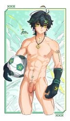 1boy almost_naked balls flaccid flaccid_penis football foreskin genshin_impact gloves green_eyes green_hair headband hoyoverse kinich_(genshin_impact) light-skinned_male light_skin male male_only muscular muscular_male nipples penis solo tattoo tattoos yanayaa_a