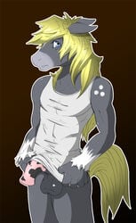 animal_genitalia animal_penis anthro blonde_hair blue_eyes bottomless chaz_(oc) clothed clothing equine equine_penis grey_balls hair horse horsecock looking_at_viewer male male_only mammal mirapony penis solo standing testicles