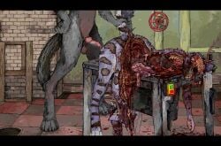 2_horns anthro antlers black_bars blood bodily_fluids danger death detailed_background digital_media_(artwork) duo felid female female_death forced from_behind_position gore horn jeffusherb knot letterbox male male/female male_on_top mammal on_top penetration pixel_(artwork) rape rapist saw sex tools vaginal vaginal_penetration