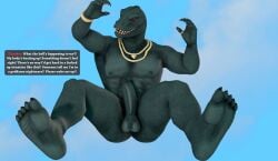 abs absurd_res anthro balls cloud embarrassed_naked_male embarrassing_exposure embarrassing_nudity english_text epic_games erection falling falling_down feet fortnite genitals hi_res involuntary_erection jewelry komodo_dragon lizard male meteorsmash monitor_lizard nude nude_anthro nude_male pecs penis red_eyes reptile scalie sky solo text thunder_(fortnite) unwanted_erection