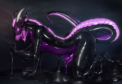 2017 anthro bioluminescence claws dov_leidang dragon erection glowing glowing_eyes goo horn liquid_latex male male_only nude open_mouth penis purple_claws purple_eyes purple_penis purple_scales purple_tongue rakisha rubber scales scalie shiny simple_background solo teeth toe_claws tongue transformation