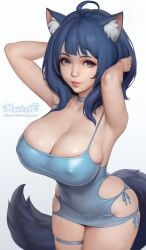 1girls ahoge arms_behind_head artist_name big_breasts big_thighs blue_eyes blue_hair breasts breasts_bigger_than_head breasts_out busty_female child_bearing_hips cleavage closed_mouth covered_nipples curvy curvy_body curvy_female curvy_figure curvy_hips dress erect_nipples_under_clothes female female_only highres huge_breasts large_breasts legs lips looking_at_viewer make_heroine_ga_oo_sugiru! medium_hair meekohopanes navel nipple_outline nipples nipples_visible_through_clothing perky_nipples pink_lipstick pose posing seductive seductive_look seductive_smile sensual sexy sexy_armpits sexy_pose short_dress sideboob simple_background smile solo thick_legs thick_thighs thighs thunder_thighs thunderthighs tits tits_bigger_than_head tits_out voluptuous wide_hips wide_thighs yanami_anna