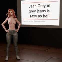 1girls 3d alternate_version_available breasts confident female female_only green_eyes grey_jeans hands_on_hips hands_on_own_hips jean_grey jeans light-skinned_female marvel marvel_rivals meme nipples phoenix_(marvel_rivals) phoenix_(x-men) powerpoint presentation projector projector_screen pun red_hair red_hair_female sneakers solo_female topless topless_female topless_jeans x-men you_guys_are_just_cowards_(meme)