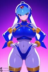 1female 1girl 1girls 2026 ai_generated android artist_name ass_visible_through_thighs big_ass big_breasts blue_eyes bodysuit breasts closed_mouth covered_navel cowboy_shot crop_top curvy fairy_leviathan gloves gradient gradient_background hands_on_hips helmet hi_res high_quality high_resolution highres huge_ass huge_breasts large_breasts looking_at_viewer mega_man patreon patreon_username rockman_zero solo thick_thighs thighhighs thighs unjobdespiert watermark wide_hips