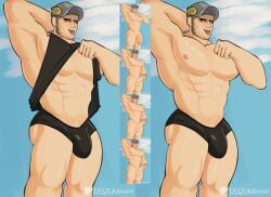 bara big_bulge big_butt big_pecs big_penis bulge d33zdrawin iwai_munehisa lifting_shirt male male_only munehisa_iwai pecs persona persona_5 speedo thong tongue_out