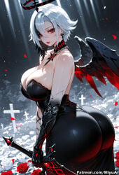 1girl 1girls ai_assisted ai_generated arlecchino_(genshin_impact) ass ass_focus bangs bare_shoulders big_ass big_breasts black_wings breasts cleavage cross cross_earrings curvaceous curvy curvy_female curvy_figure earrings elbow_gloves feathered_wings female female_only flower genshin_impact gloves halo holding holding_weapon huge_ass huge_breasts jewelry large_breasts light-skinned_female lips looking_at_viewer milf miyuai mole parted_lips petals red_eyes red_flower red_rose rose rose_petals short_hair solo sword thick thick_ass thick_butt thick_hips thick_legs thick_thighs voluptuous voluptuous_female weapon wide_hips wide_thighs wings