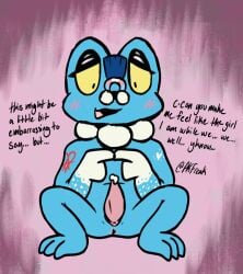 3_toes alternative_fashion anus arm_tattoo blue_body blush blush_lines bodily_fluids cloacal_penis eyeliner eyeshadow facial_piercing feet froakie generation_6_pokemon genital_fluids index_to_index lgbt_pride makeup male miette_(psykwol) mohawk nervous nervous_look nervous_smile nintendo nose_piercing nose_ring open_mouth open_smile piercing pkfreak pokemon pokemon_(species) precum pride_colors punk pupils ring_piercing shoulder_tattoo shy small_pupils smile solo tattoo toes trans_(lore) trans_woman_(lore) transgender_pride_colors white_body yellow_sclera