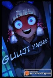 1girl 2026 2d absurd_res absurd_resolution absurdres ai_generated animal_ears blue_eyes blue_hair blunt_bangs blush crazy_eyes english_text full-face_blush genshin_impact hair_ribbon heart heart-shaped_pupils hi_res high_quality high_resolution highres hydraulicmatingpress image kamisato_ayaka looking_at_viewer mole mole_under_eye nervous_sweating nose_blush open_mouth patreon patreon_logo patreon_username ponytail pov_doorway ribbon smile solo sweat symbol-shaped_pupils teeth uncensured watermark web_address wide-eyed yandere you_gonna_get_raped
