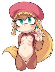 2026 20s absurdres aqua_eyes blush blush_stickers body_fur breasts brown_fur clothes_lift cropped_legs dixie_kong donkey_kong_(series) donkey_kong_country earrings eyelashes female frown furry furry_female hat highres jewelry looking_at_viewer monkey_girl navel nipples oyatsu_(mk2) pink_hat ponytail pussy shirt_lift sidelocks simple_background small_breasts solo stomach tagme thigh_gap twitter_username white_background