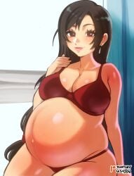 1girls black_hair blush bra breasts female final_fantasy huge_breasts human long_hair panties popped_navel pregnant ready_to_pop red_eyes smile square_enix thatguyusojin thick_thighs tifa_lockhart wide_hips