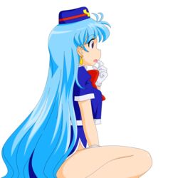 absurdres aqua_hair ass bangs bow breasts dress earrings female gloves hand_up hat highres hips jewelry legs legs_crossed long_hair looking_to_the_side miniskirt no_panties open_mouth photoshop purple_eyes red_bow shoes short_dress short_sleeves simple_background skirt smile solo stewardess tenjouin_katsura thighs vector_trace white_background white_gloves yat_anshin_uchuu_ryokou