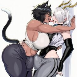2futas 2girls ai_generated ai_slop arm_sleeves black_hair black_lipstick brown_body brown_skin bulge bulge_under_clothes cat_ears cat_tail catgirl dragon dragon_girl elbow_gloves fingerless_gloves futanari gloves gold_horns golden_horns green_eyes jacket kalista_(kalistafunz) kemonomimi kiss_mark leotard lipstick lipstick_mark orange_eyes shiki_(shikuma011) shikuma011 silver_hair simple_background twitter_user_oc white_skin yoga_pants yuri