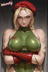 1girl ahoge ai_generated antenna_hair arm_up armored_gloves artist_name bare_shoulders beret blonde_hair blue_eyes blush bodypaint bracer braid breasts cammy_white camouflage character_name chest_harness covered_navel eyelashes fingerless_gloves gloves green_leotard groin harness hat highleg highleg_leotard huge_ahoge large_breasts leotard lips long_hair looking_at_viewer low_twin_braids medium_breasts mionety muscular muscular_female nose open_mouth out-of-frame_censoring parted_lips realistic red_gloves red_hat runny_makeup salute scar scar_on_cheek scar_on_face signature solo street_fighter street_fighter_6 street_fighter_v sweat teeth thong_leotard toned twin_braids upper_body