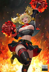 1girls ai_generated arm_up bandeau black_gloves black_jacket black_skirt black_thighhighs blonde_hair boots breasts burnice_white cheering cheerleader cleavage cropped_jacket eyewear_on_head fire gloves high_heel_boots high_heels holding holding_pom_poms jacket large_breasts looking_at_viewer midriff navel one_eye_closed open_mouth panties philon pom_pom_(cheerleading) red_eyes red_panties shorts skindentation skirt smile solo stable_diffusion standing standing_on_one_leg strapless sunglasses sweat thigh_boots thighhighs tube_top twintails underwear zenless_zone_zero