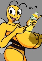 1girl 1girls areola areolae banana_breasts beer big_areola big_areolae big_breasts breasts breasts_out english_text female female_focus female_only grabbing grabbing_object holding holding_object lena_the_bee looking_at_viewer oil oleina open_smile question question_mark ribznsfw russian_cooking_oil_commercial smile smiling smiling_at_viewer standing tongue