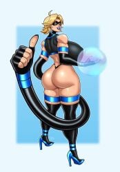 1girl 1girls ahoge ass back_view big_ass big_breasts blonde blonde_female blonde_hair blonde_hair_female blonde_haired_female blue_lipstick breasts brown_eyes comission curvaceous curvy curvy_figure domino_mask earring elastic_arms elastic_body elasticity elastria_(tagara51) elbow_gloves fingerless_gloves force_field high_heels hourglass_figure light-skinned_female light_skin lipstick mask massive_breasts miguelrivasart original original_character powers rachel_tempest revealing_clothes revealing_outfit short_hair skindentation solo solo_female solo_focus stretching stretchy_arms stretchy_body superhero superhero_costume superheroine superheroine_costume superpowers thick_ass thick_thighs thigh_highs thighhighs thong