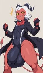 ai_generated big_ass big_ass_(male) big_bulge black_coat bowtie coat competition_swimsuit demon demon_tail fanservice femboy fingerless_gloves gay gloves helluva_boss horns huge_bulge imp keijo!!!!!!!! male male_focus male_only moxxie_(helluva_boss) one-piece_swimsuit red_eyes simple_background slit_pupils smirk solo solo_focus tagme tail thick_thighs trap vivziepop white_hair yaoi
