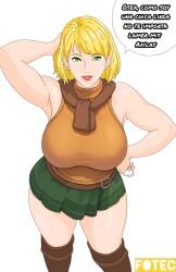 armpit armpit_fetish armpits arms_up ashley_graham ashley_graham_(brooke_elizabeth_mathieson) big_breasts big_thighs big_tits blonde blonde-haired_female blonde_female blonde_hair boots breasts busty capcom clothed clothed_female clothing female female_focus female_human female_only fotec game green_eyes resident_evil resident_evil_4 resident_evil_4_remake scarf seducing seduction seductive seductive_body seductive_eyes seductive_gaze seductive_look seductive_mouth seductive_pose seductive_smile sexy sexy_armpits sexy_body sexy_female sexy_pose short_hair skirt spanish spanish_dialogue spanish_text sweat sweatdrop sweating sweaty sweaty_body talking talking_to_viewer text thick_hips thick_legs thick_thighs thighhighs thighs threesome tits vest yellow_hair